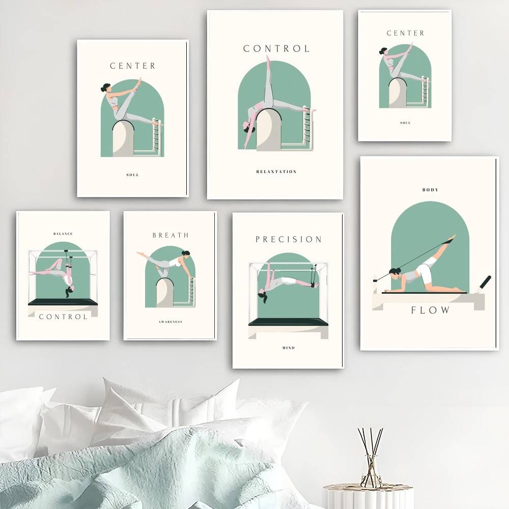 Flow Yoga Pilates - Minimalistyczny plakat z ilustracją ćwiczeń Pilates,